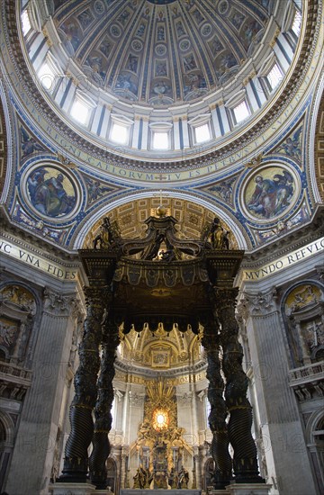 ITALY, Lazio, Rome, Vatican City The Basilica of St Peter The Dome by Michelangelo above the canopied Baldacchino by Bernini with his Throne of Saint Peter in Glory beyond