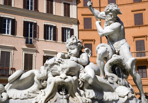 ITALY, Lazio, Rome, The Fountain of Neptune or Fontana del Nettuno in the Piazza Navona with the central figure of the sea god Neptune fighting an octopus