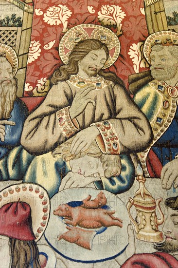 ITALY, Lazio, Rome, Vatican City Museum Detail of a 16th Century Flemish tapestry of the Last Supper from cartoons by Raphael showing the central figure of Jesus Christ