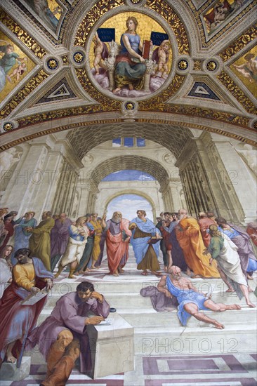 ITALY, Lazio, Rome, Vatican City Museum Room of The Signatura 16th Century fresco by Raphael called the School of Athens representing the truth acquired through reason