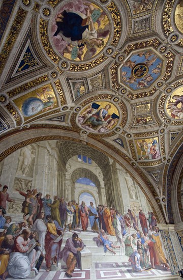 ITALY, Lazio, Rome, Vatican City Museum Room of The Signatura 16th Century fresco by Raphael called the School of Athens representing the truth acquired through reason