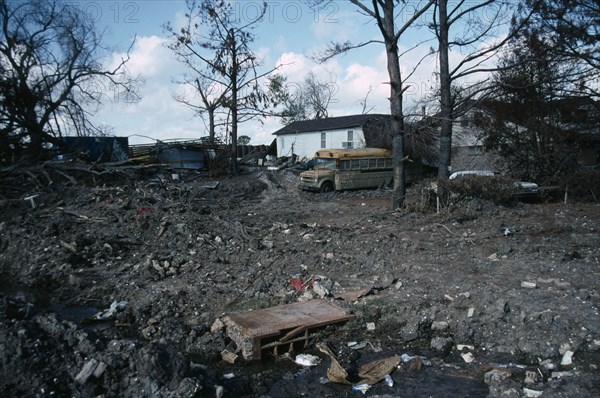 USA, Louisiana, New Orleans, "Aftermath of 2005 Hurricane Katrina, rubble from destroyed houses, stranded vehicles, mud and stagnant water. "