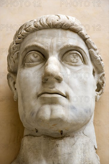 ITALY, Lazio, Rome, he courtyard of the Palazzo dei Conservatori part of the Capitoline Museum with the head of the colossal 4th Century statue of Emperor Constantine I