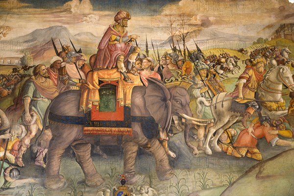 ITALY, Lazio, Rome, Painting of Hannibal on an elephant with his army on the wall of the Palazzo dei Conservatori Capitoline museum