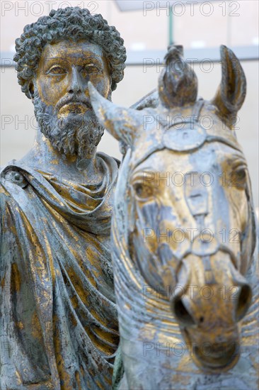 ITALY, Lazio, Rome, The Palazzo dei Conservatori part of the Capitoline Museum with the gilded bronze equestrian statue of Marcus Aurelius