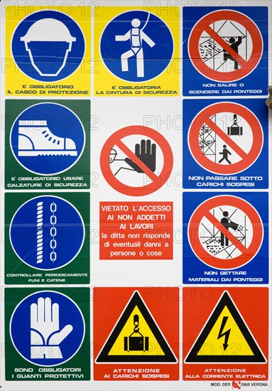 ITALY, Lazio, Rome, Safety signs on the wall of a building site