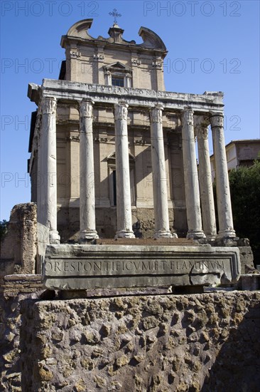 ITALY, Lazio, Rome, The Baroque facade of the church of San Lorenzo in Miranda built on the Temple of Antoninus and Faustina in the Forum