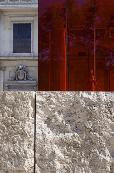 ITALY, Lazio, Rome, A red perspex cube part of a Valentino fashion exhibition behind a stone wall outside the Ara Pacis in front of the neo Classical church of San Rocco designed by Giuseppe Valadier