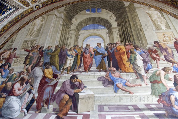 ITALY, Lazio, Rome,  Vatican City Museum Room of The Signatura 16th Century fresco by Raphael called the School of Athens representing the truth acquired through reason