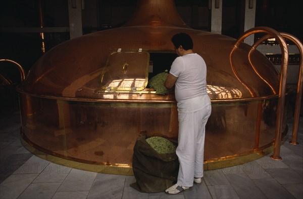 CZECH REPUBLIC, Bohemia, Ceska Budejovice, Budweiser Brewery interior and worker.