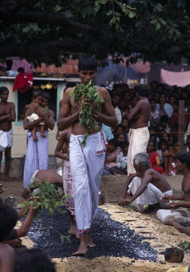 SRI LANKA, Religion, Hinduism, Punnaccolai Festival. Hindu Tamil devotee fire walking. Perfomed as part of a religious vow to honour Goddess Kali
