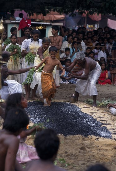 SRI LANKA, Religion, Hinduism, Punnaccolai Festival. Hindu Tamil eight year old boy fire walking. Perfomed as part of a religious vow to honour Goddess Kali