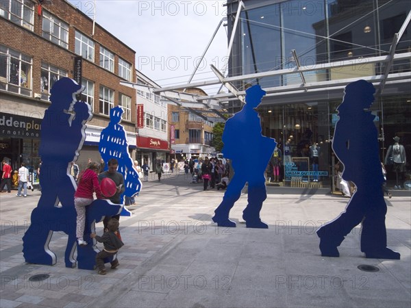 IRELAND, North, Belfast, Sculpture at the Ann Street entrance to the Victoria Square shopping mall.