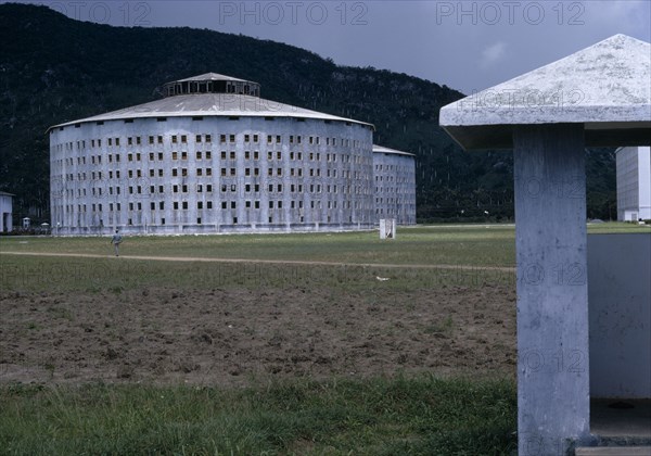 CUBA, Isla de la Juventud, Presidio Modelo, Model Prison where Fidel Castro was held prisoner between 1953-1955 by former President of Cuba Fulgencio Batista. Panopticon five story circular buildings. Near Nueva Gerona.