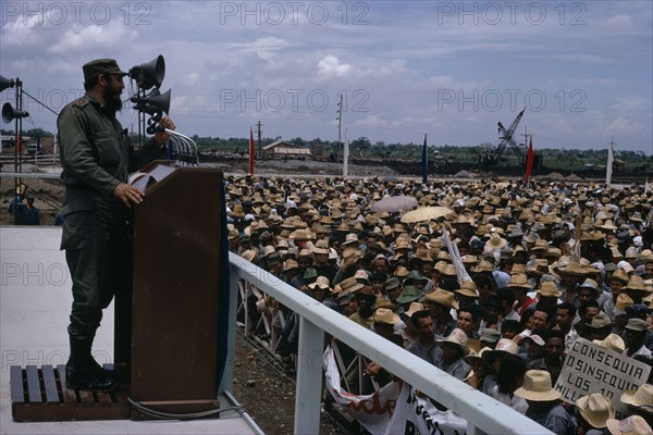 CUBA, Santiago de Cuba, Santiago, Fidel Castro. President of Cuba and Communist Revolutionary leader giving a speech to workers at the inauguration of a Dam in 1968.