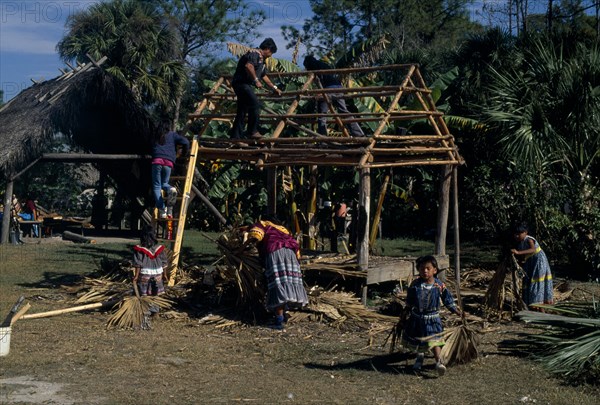 USA, Florida, Everglades, Independent Seminole Native Americans thatching a Chickee hut using palm fronds