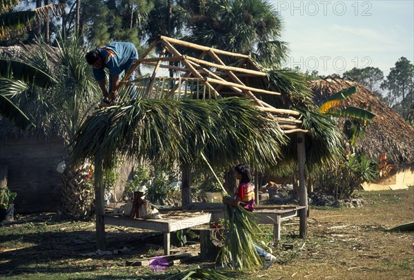 USA, Florida, Everglades, Independent Seminole Native American thatching a Chickee hut using palm fronds