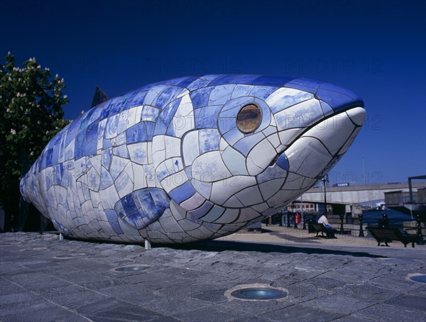 IRELAND, North, Belfast, "Lagan Weir.  Big Fish Sculpture, angled view."