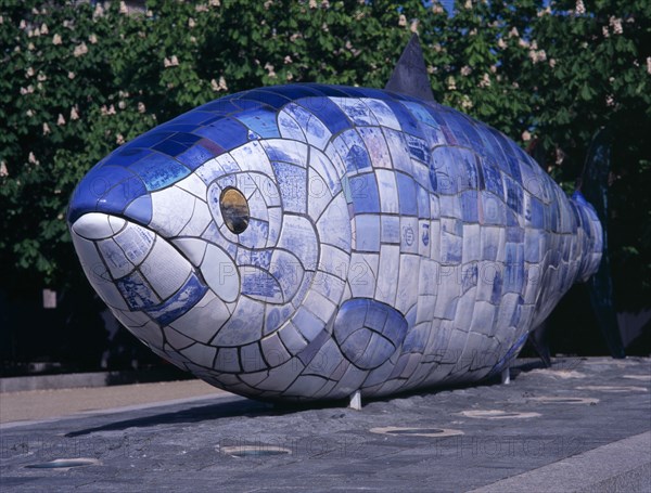 IRELAND, North, Belfast, "Lagan Weir.  Big Fish Sculpture, angled view."