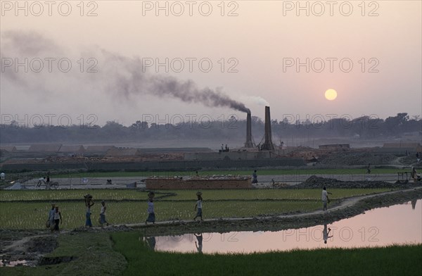 BANGLADESH, Savar, Labourers returning to brick kiln through paddy fields with chimneys releasing trail of thick smoke.