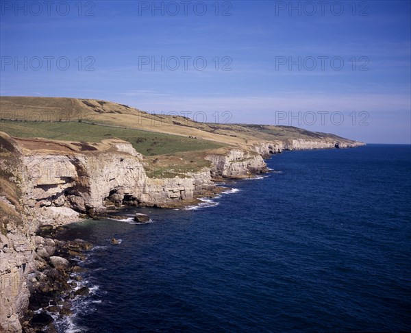 ENGLAND, Dorset, Jurassic Coastline, View east towards Seacombe Quarry and distant Anvil Point Lighthouse