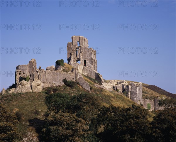 ENGLAND, Dorset, Corfe, The ruin of Corfe Castle viewed from West Hill