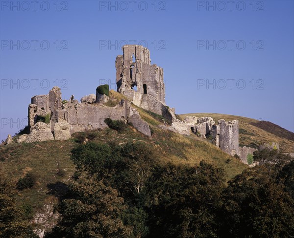 ENGLAND, Dorset, Corfe, The ruin of Corfe Castle viewed from West Hill