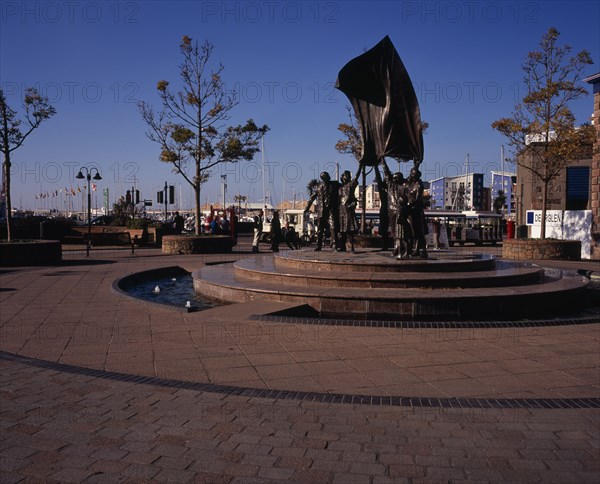 UNITED KINGDOM, Channel Islands, Jersey, St Helier. Liberation Square with Philip Jacksons Liberation Sculpture
