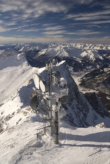 GERMANY, Bavaria, Zugspitze, Zugspitze summit with telecommunications dishes.