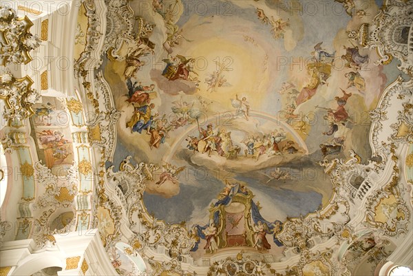 GERMANY, Bavaria, Wieskirche, "Baroque church, interior view of ornamentation and frescoes painted on celling above main altar "
