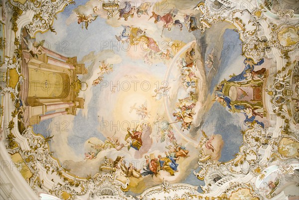 GERMANY, Bavaria, Wieskirche, "Baroque church, interior view of the entire ceiling looking straight up from centre of church with frescoes  depicting Door of Heaven / Paradise"