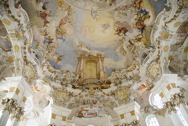 GERMANY, Bavaria, Wieskirche, "Baroque church, interior view of frescoes on rear end of the ceiling above the organ depicting Door of Heaven / Paradise"