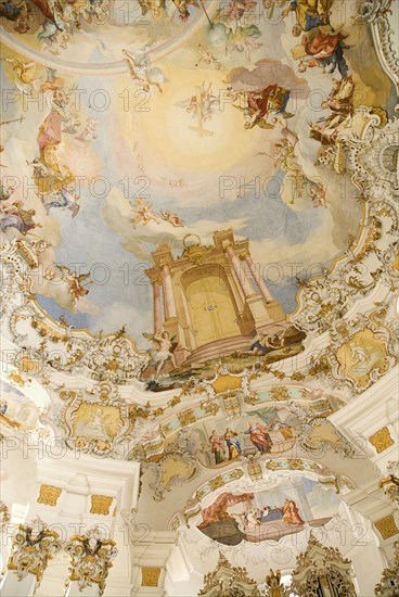 GERMANY, Bavaria, Wieskirche, "Baroque church, interior view of frescoes on rear end of the ceiling above the organ depicting Door of Heaven / Paradise"