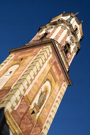 GERMANY, Bavaria, Mittenwald, Pfarrkirche St Peter and Paul. Bell tower with ornate frescoes