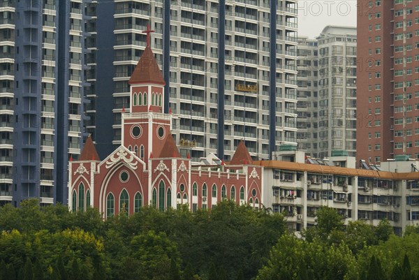 CHINA, Hubei , Wuhan, The Catholic Cathedral among modern apartment blocks