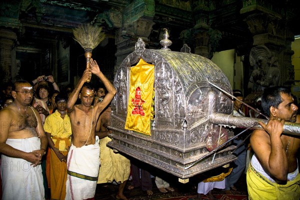 INDIA, Tamil Nadu, Madurai, "Evening procession carrying Shiva to bedroom of Meenakshi, Meenakshi Temple"