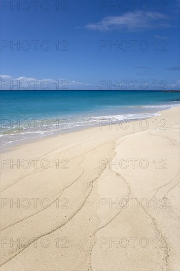 WEST INDIES, St Vincent And The Grenadines, Canouan Island, South Glossy Beach in Glossy Bay with waves breaking on the shoreline of the turqoise sea.