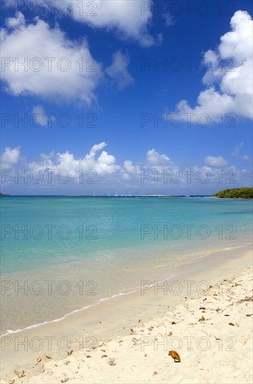 WEST INDIES, Grenada, Carriacou, Waves breaking on Paradise Beach at L'Esterre Bay with the turqoise sea and Sandy Island sand bar beyond.