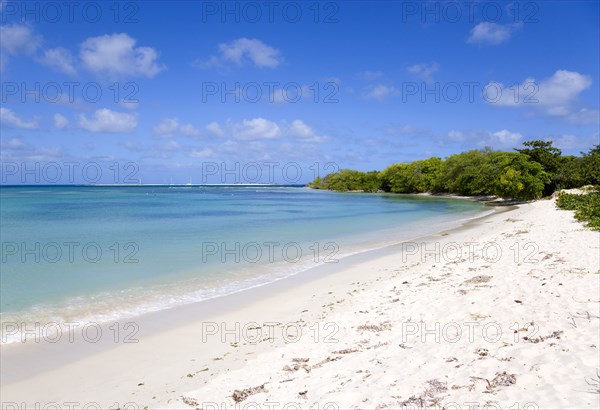 WEST INDIES, Grenada, Carriacou, Waves breaking on Paradise Beach at L'Esterre Bay with the turqoise sea and Sandy Island sand bar beyond.