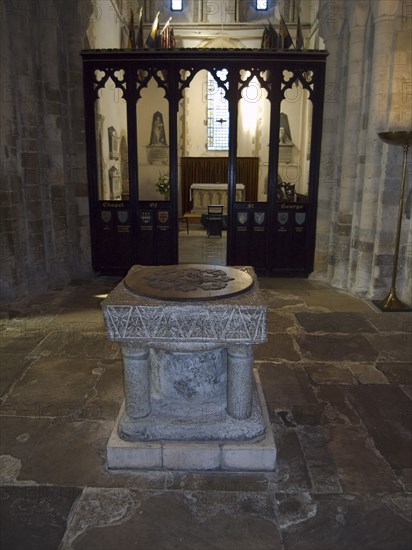 ENGLAND, West Sussex, Shoreham-by-Sea, Font in the Norman Church of St Mary de Haura circa 1100.