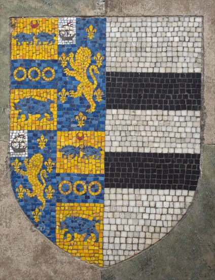 ENGLAND, West Sussex, Shoreham-by-Sea, St Mary de Haura Church interior with mosiac heraldry in the floor.