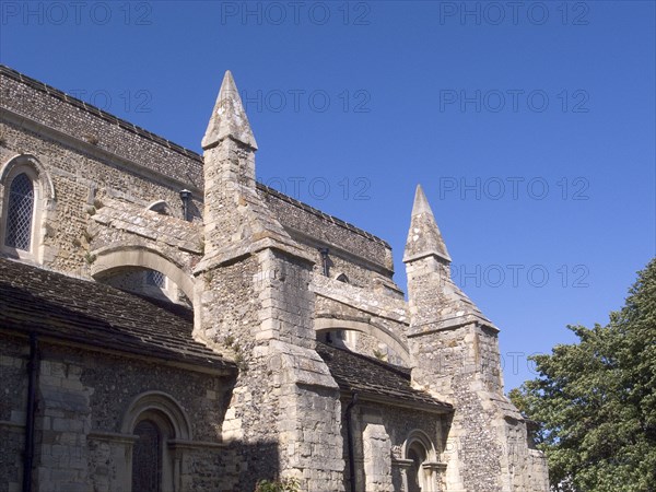 ENGLAND, West Sussex, Shoreham-by-Sea, The Norman church of St Mary de Haura south transept showing flying buttresses.