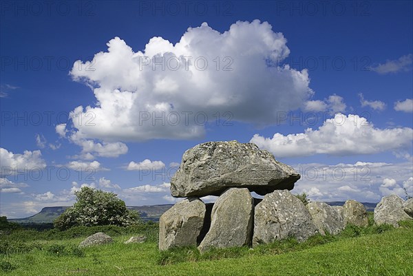 20093589 IRELAND Sligo Carrowmore Carrowmore Megalithic Cemetery. A dolmen with Ben Bulben mountain behind