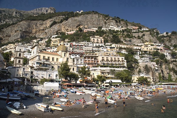 20093632 ITALY Campania Positano Spiaggia Grande beach with central Positano and Church of Santa Maria Assunta behind