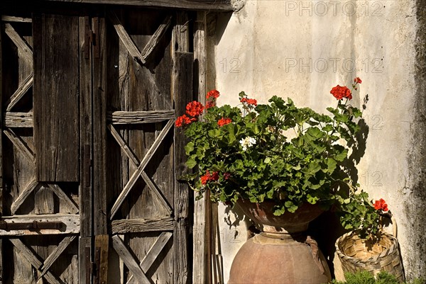 20093649 ITALY Campania Ravello Villa Cimbrone. Urn with flowers at an entrance gate