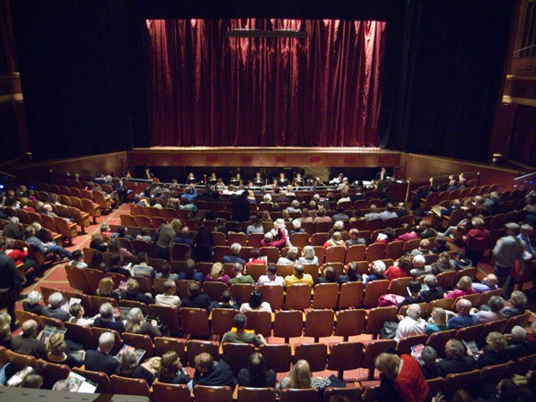 ENGLAND, East Sussex, Brighton, Interior of the Dome concert hall showing the stage with the curtain down.