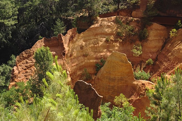 FRANCE, Provence Cote d’Azur, Le Sentier des Ocres (The Ochre Footpath) , A natural park of jagged ochre cliffs beside the village of Roussillon