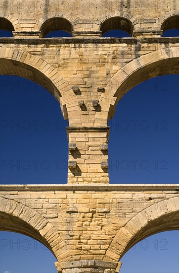 FRANCE, Provence Cote d’Azur, Gard, Pont du Gard.  Close up detail of section of the three tiers of continuous arches of Roman aqueduct.
