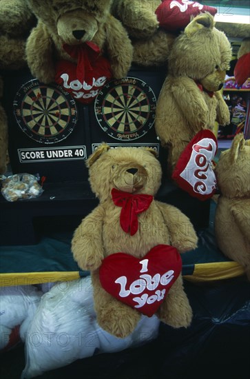 ENTERTAINMENT, Fairgrounds, Stalls, Darts game with I Love You teddy bear prizes.