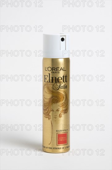 GROOMING, Hair, Hairspray, An aerosol can of hairspray on a white background